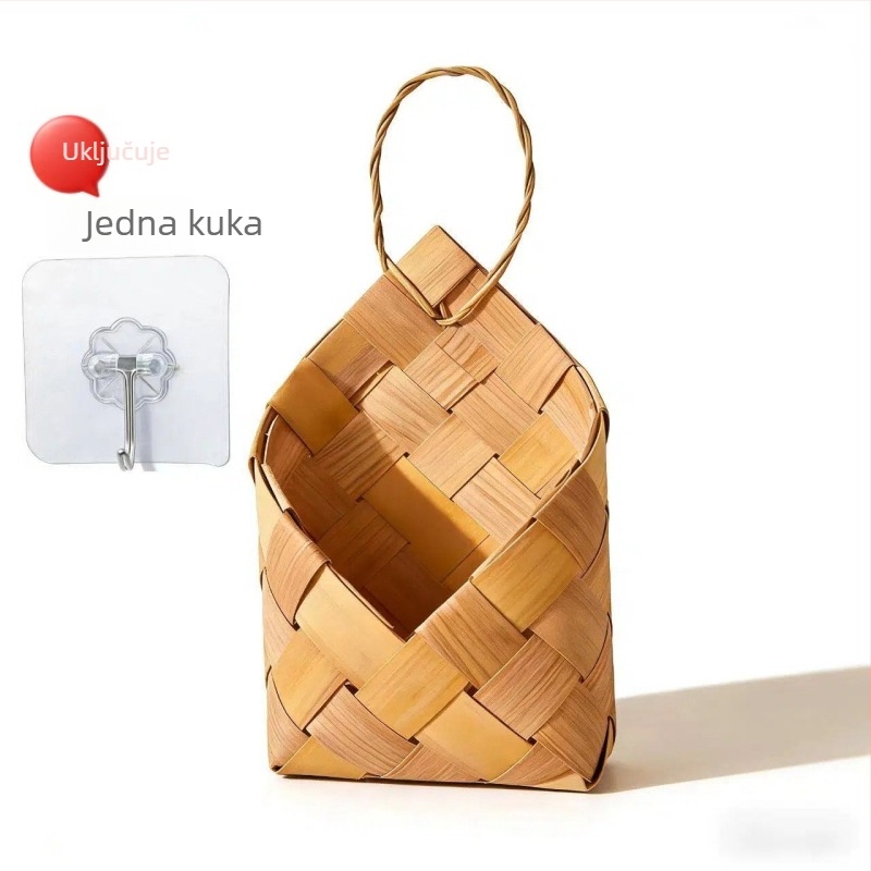 Zidna kuhinjska košara za skladištenje luka, đumbira i češnjaka, ručno pletena od kedra, s ljepilnim kukicama
