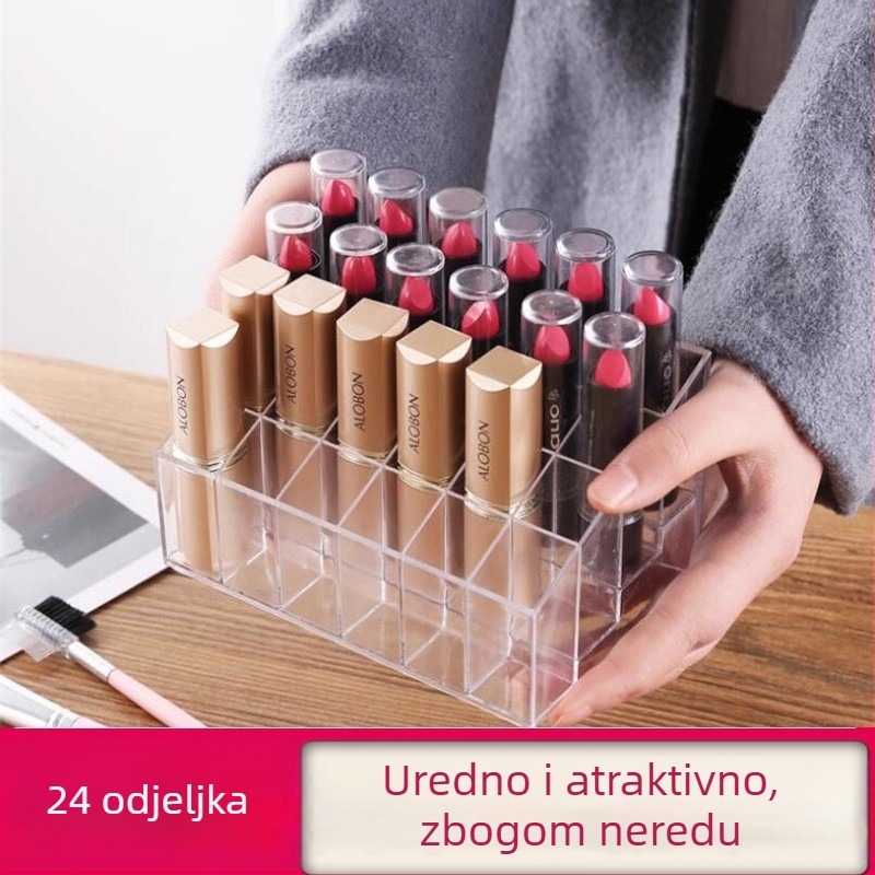 Stolni proziran trapezni kozmetički regaľ s 24 pretinaca za ruževe – kućna izložba i organizacija