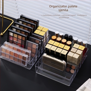 Prozirni plastični organizator kozmetike za stolnu površinu s podijeljenim pretincima za palete sjenila, ruž, puder i rumenilo