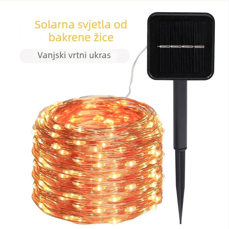 LED svjetleći kabel od bakrenog vodiča, solarni – božićna vanjska dekoracija dvorišta i travnjaka, IP44, 100 LED, 2800K