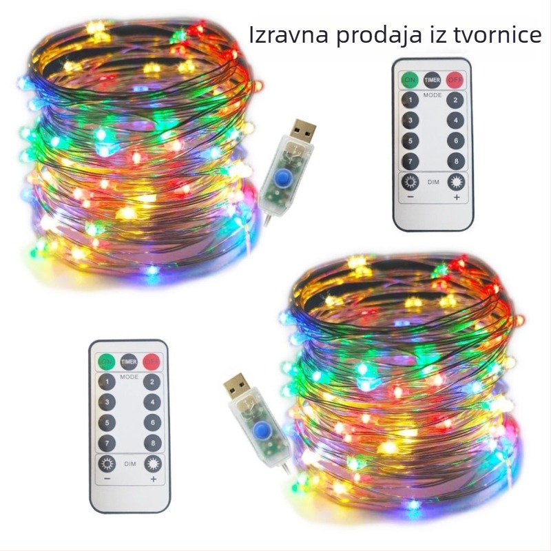 USB bakrena žica svjetla s daljinskim upravljačem, 8 funkcija, 10 m, dekorativna vrtna i božićna LED rasvjeta
