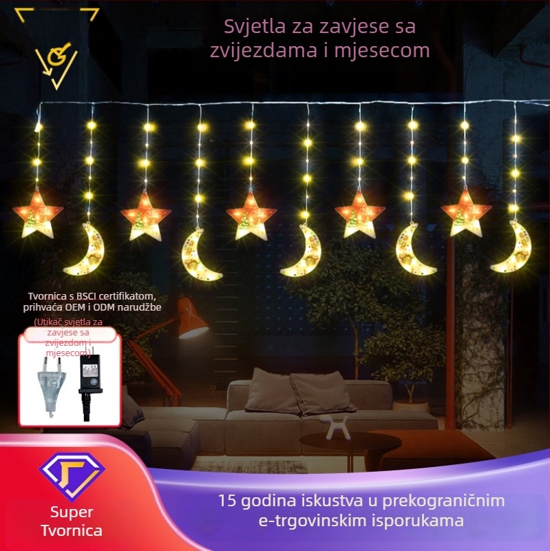 LED zavjesa sa zvijezdom i mjesecom, osam funkcija, božićna dekoracija za sobu i dvorište, prilagodljivo