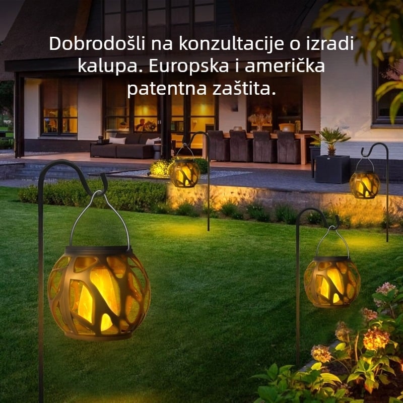 Solarna viseća lampa s otvorenim uzorkom i simuliranom plamenom za vanjsku baštu i dvorište – dekorativno osvjetljenje krajolika