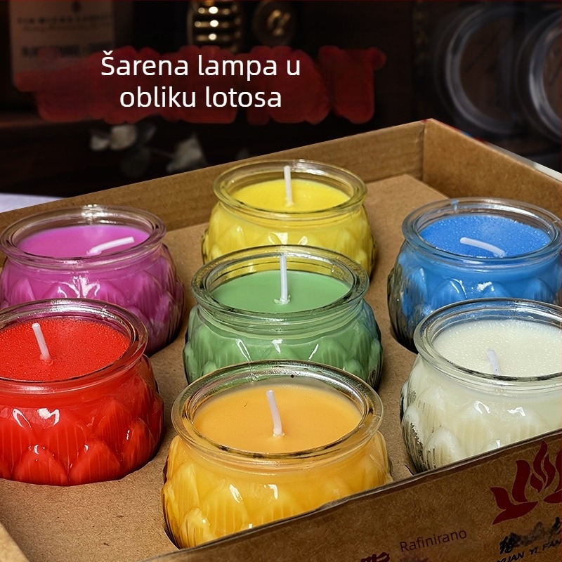 Šarena staklena lampa lotosa za štovanje Buddhe, s ravnim otvorom, 24-satno izgaranje, debeli veliki format, za kućnu upotrebu i svečane ceremonije u hramu.