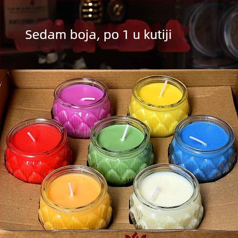 Šarena staklena lampa lotosa za štovanje Buddhe, s ravnim otvorom, 24-satno izgaranje, debeli veliki format, za kućnu upotrebu i svečane ceremonije u hramu.
