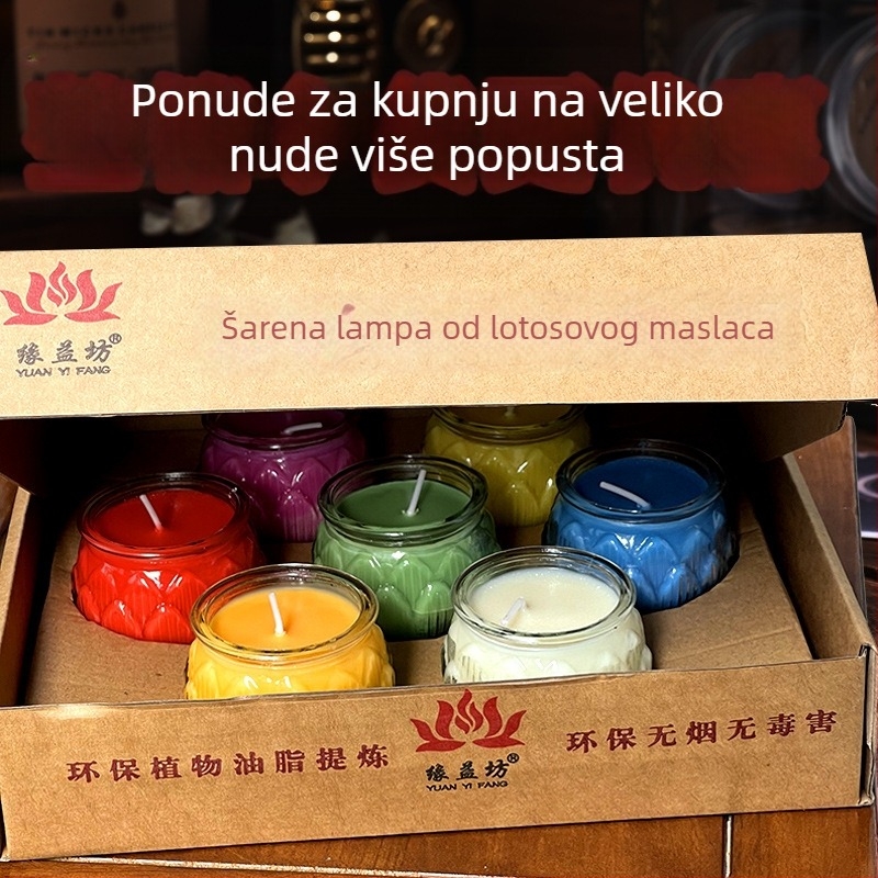 Šarena staklena lampa lotosa za štovanje Buddhe, s ravnim otvorom, 24-satno izgaranje, debeli veliki format, za kućnu upotrebu i svečane ceremonije u hramu.