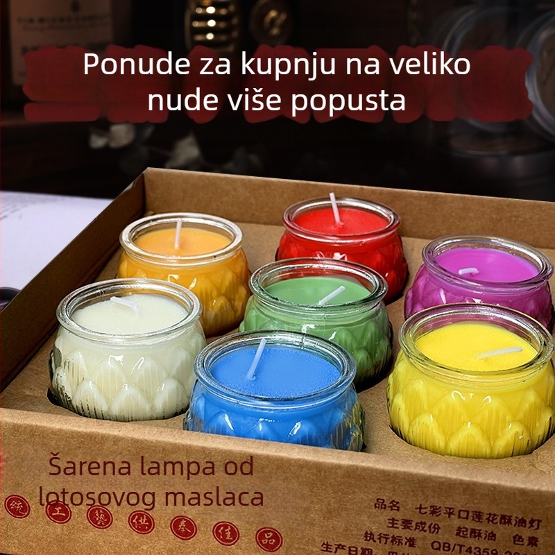 Šarena staklena lampa lotosa za štovanje Buddhe, s ravnim otvorom, 24-satno izgaranje, debeli veliki format, za kućnu upotrebu i svečane ceremonije u hramu.