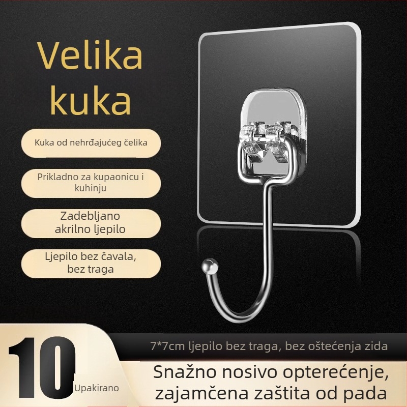 Set od 10 velikih ljepilnih kukica bez bušenja, za vrata i zidove, nehrđajući čelik, nosivost 1–3 kg
