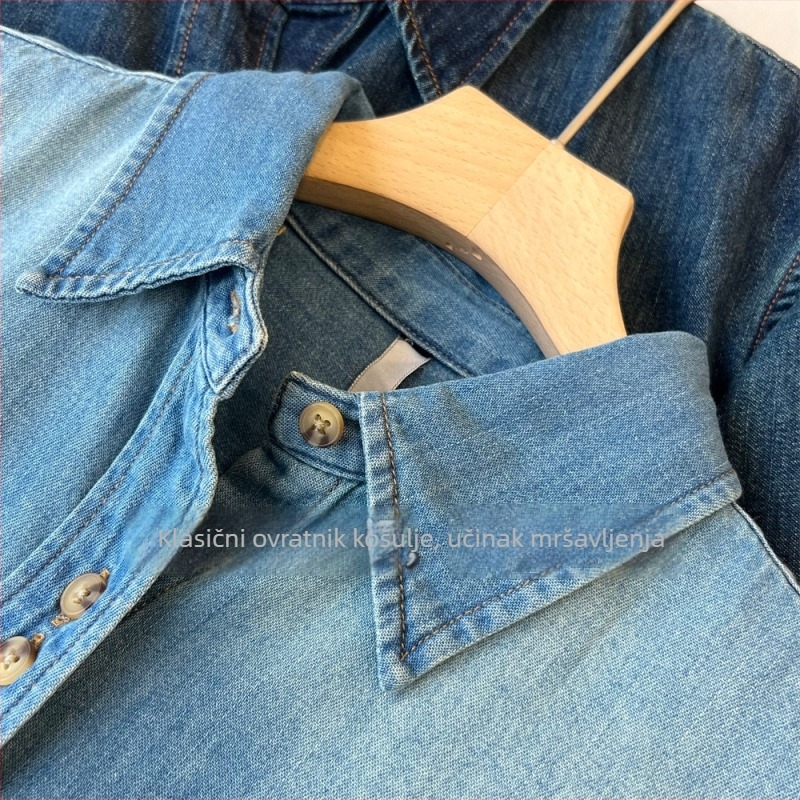 Ženska pamučna denimska košulja s polo ovratnikom, gradientno isprana boja, vintage europski stil, za svakodnevnu upotrebu