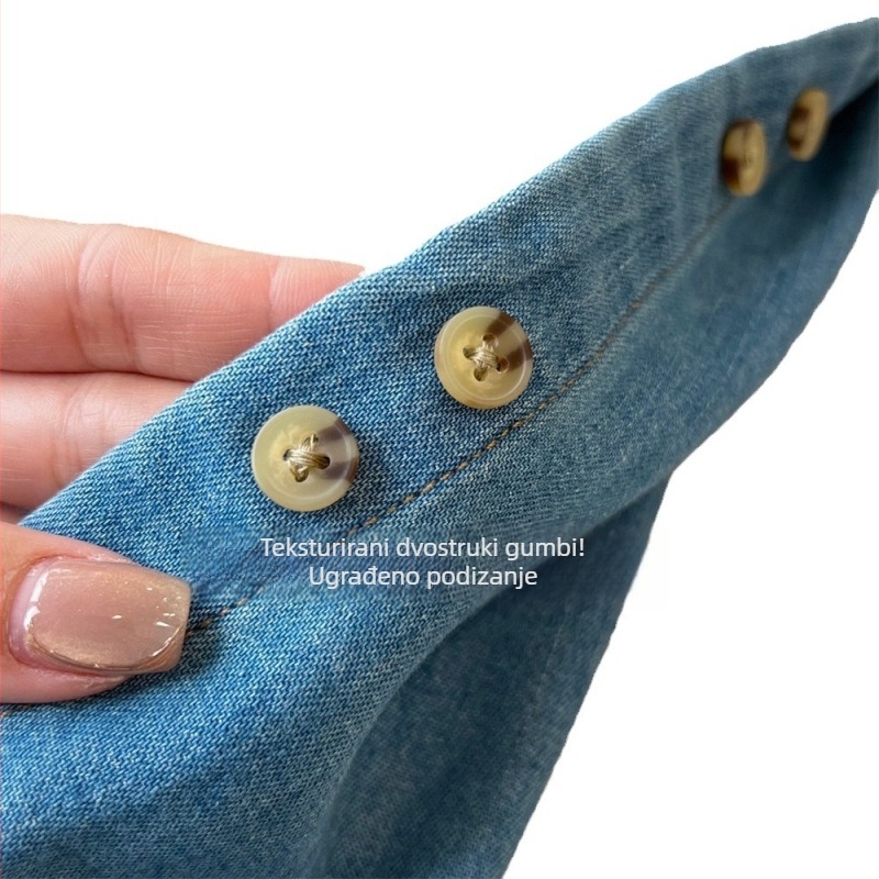 Ženska pamučna denimska košulja s polo ovratnikom, gradientno isprana boja, vintage europski stil, za svakodnevnu upotrebu