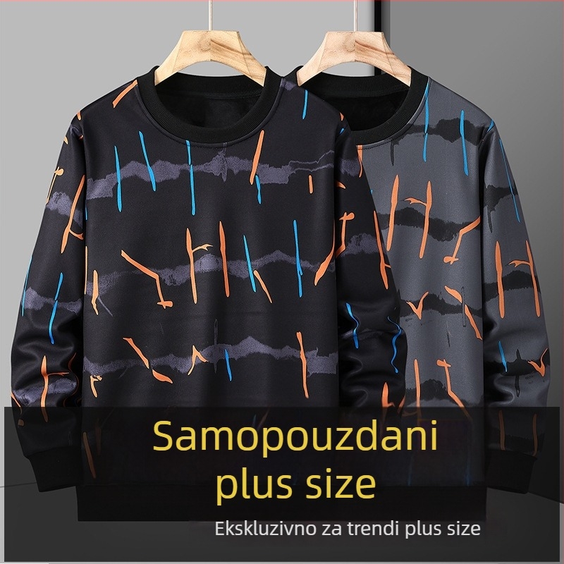Muški duks s prugama i okruglim izrezom, fleece podstava, debeo, udoban kroj, plus veličina, zima