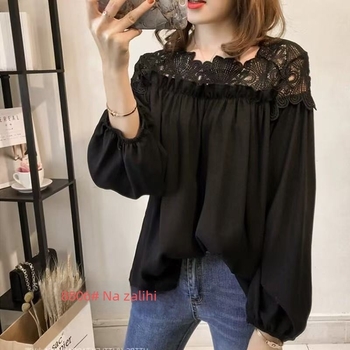 Ženska šifonska bluza s dugim rukavima, 2025 novi model, opušteni kroj, korejski stil, kratka duljina, crna, čipka s izrezima