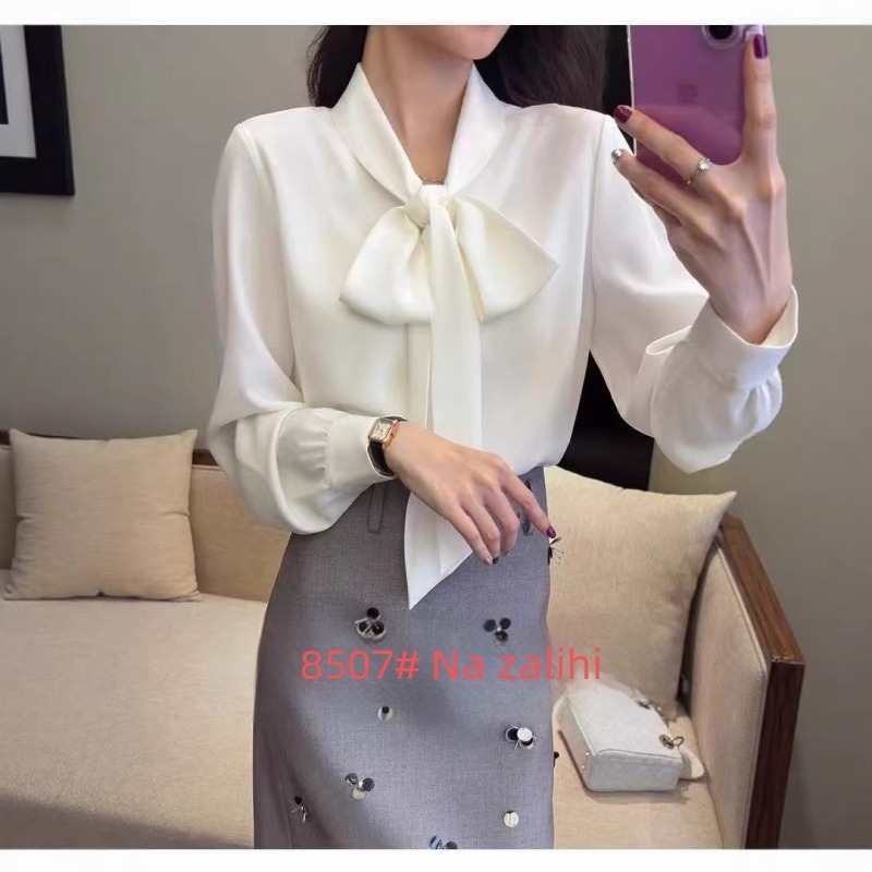 Bluza od šifona u francuskom stilu s mašnicom, dugi rukavi, za žene, elegantna uredska bluza