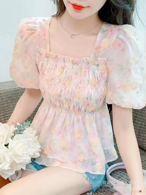 Ženska šifonska bluza s kratkim rukavima, ljeto 2025, cvjetni uzorak, francuski stil, cropped top s V-izrezom