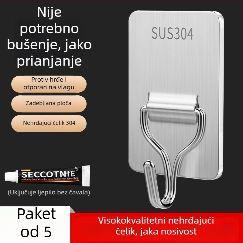 Set od 5 kuka od nehrđajućeg čelika s ljepilnom podlogom, bez bušenja, za zid kuhinje i kupaonice