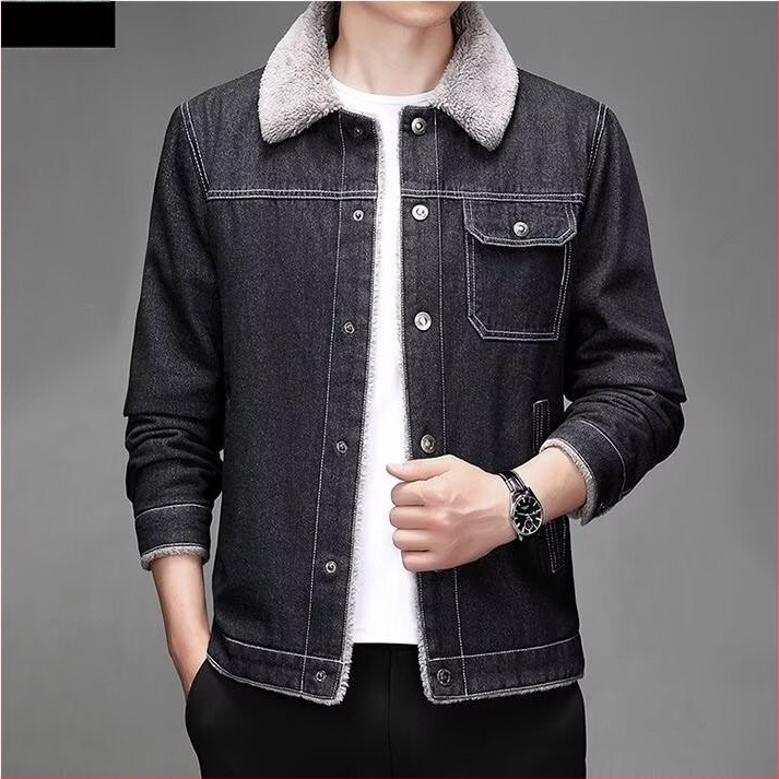 Muška zimska denims jakna s podstavom od ovčje vune, debela, korejski stil, uski kroj, jednostruko zatvaranje, bez kapulje, dugi rukavi, bočni džepovi