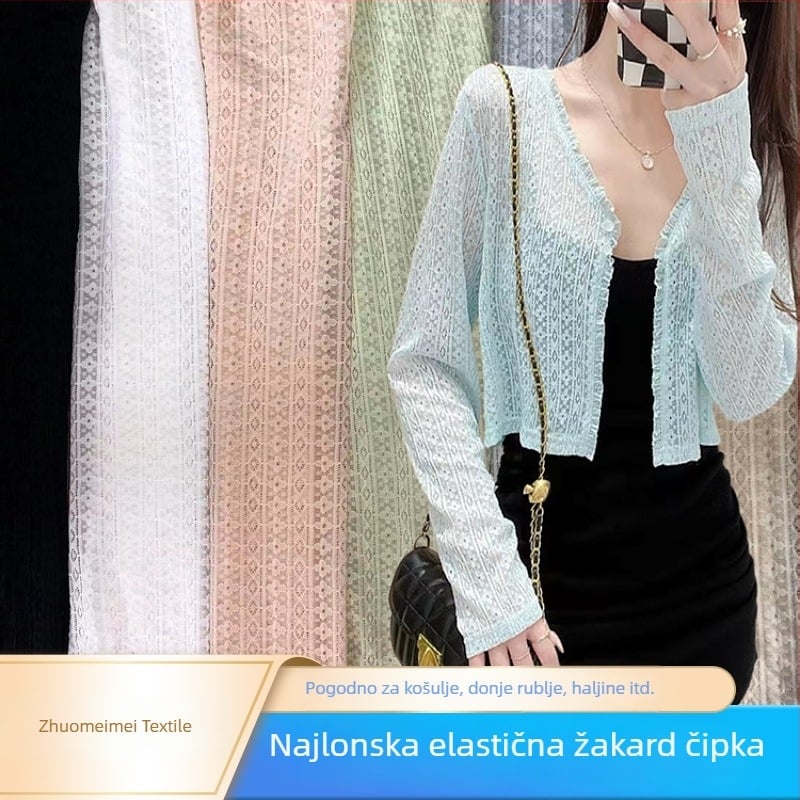 Elastična čipkasta jacquard tkanina s UV zaštitom, namijenjena haljinama, topovima, donjem rublju i vanjskoj odjeći.