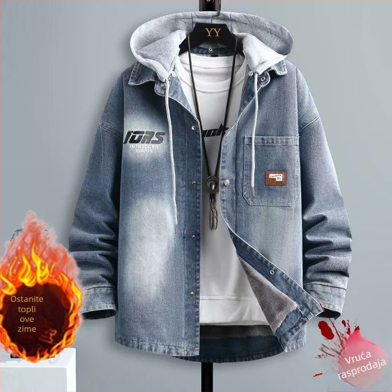 Muška denim jakna američkog stila za jesen i zimu, urbana moda, podstava od flisa, debeli materijal