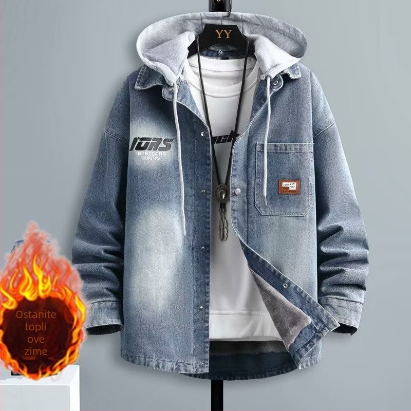Muška denim jakna američkog stila za jesen i zimu, urbana moda, podstava od flisa, debeli materijal