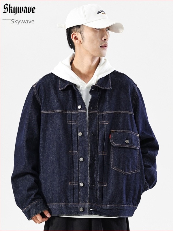 Muška traper jakna s dubim pranjem, američki retro stil, workwear dizajn, labav kroj, velika veličina, lagani luksuz, moderna jakna