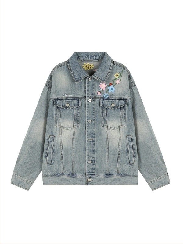 Jesen 2025: Denim jakna s floralnom vezom i pranjem, široki kroj, s ovratnikom
