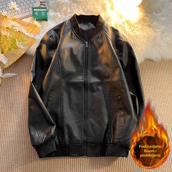 PU kožna jakna za muškarce, slobodan kroj, gradski stil, podstava od flisa, zatvarač na zip, metalni detalji