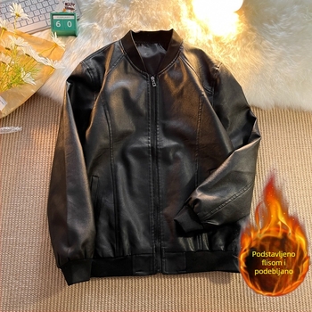 PU kožna jakna za muškarce, slobodan kroj, gradski stil, podstava od flisa, zatvarač na zip, metalni detalji