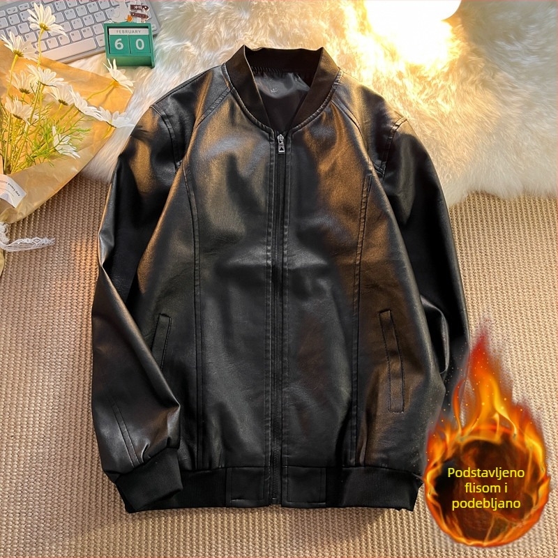 PU kožna jakna za muškarce, slobodan kroj, gradski stil, podstava od flisa, zatvarač na zip, metalni detalji