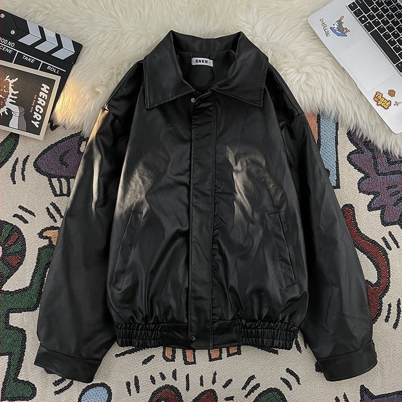 Smeđa PU kožna jakna za muškarce, proljeće–jesen, opušten kroj, streetwear stil