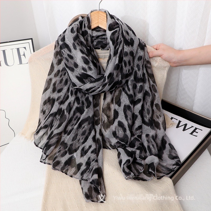 Vintage šal s leopardovim uzorkom, Bali vlakno od pamuka-lana-svile, topao, zaštita od sunca, elegantni ženski šal