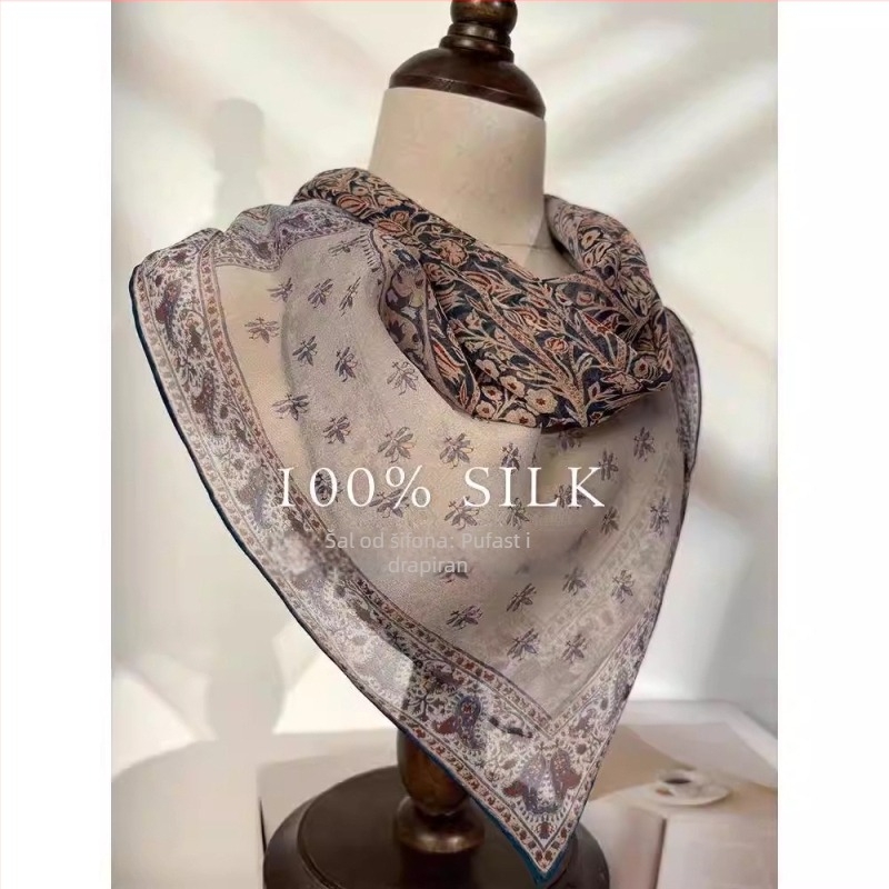 100% svila, kvadratni šal 65×65 cm, tanak i prozračan, elegantan klasičan stil za proljeće i ljeto