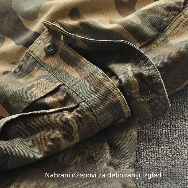 Muške kamuflažne pamučne hlače s remenom, slobodan kroj, kopčanje na gumbe, casual vojničkog stila, duge hlače
