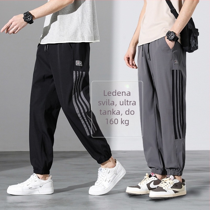 Muške cropped hlače za ljeto, sportske hlače od ledenog svile, tanke, brzo suše, jogger kroj, široka silueta, plus veličine