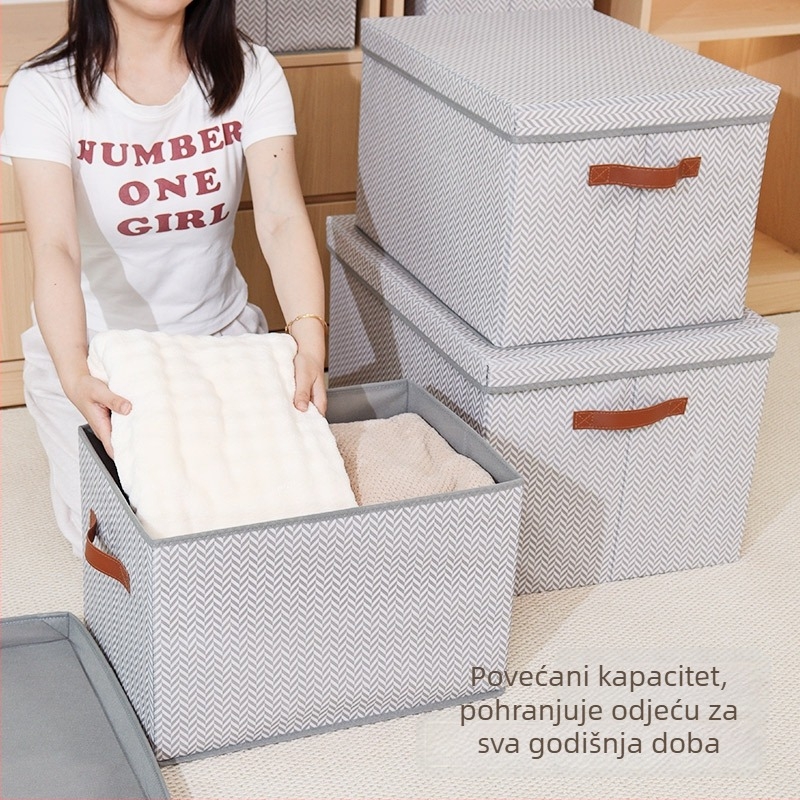 Sklopiva kutija za odlaganje od netkanog materijala s uzorkom riblje kostiju, s poklopcem, za odjeću, kapacitet 90–100 L, dimenzije 50×35×31 cm