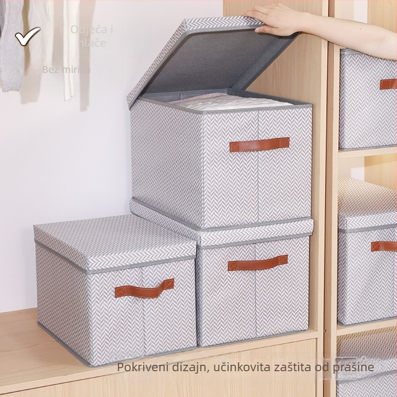 Sklopiva kutija za odlaganje od netkanog materijala s uzorkom riblje kostiju, s poklopcem, za odjeću, kapacitet 90–100 L, dimenzije 50×35×31 cm
