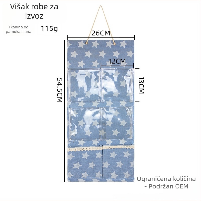 Japanski stil zidni organizator s šest prozirnih džepova u obliku zvjezdice, pamut-lan tkanina, višenamjensko skladištenje za časopise, papirnica, kozmetiku, knjige i lijekove