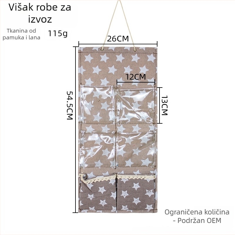Japanski stil zidni organizator s šest prozirnih džepova u obliku zvjezdice, pamut-lan tkanina, višenamjensko skladištenje za časopise, papirnica, kozmetiku, knjige i lijekove