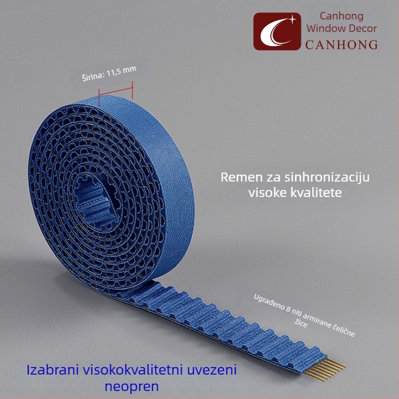 Plava poliuretanska sinhrona zupčasta traka za šinu zavjesa, visoke čvrstoće, model CH-JLSTPD20210121, dimenzije 11.5 mm × 1000 mm