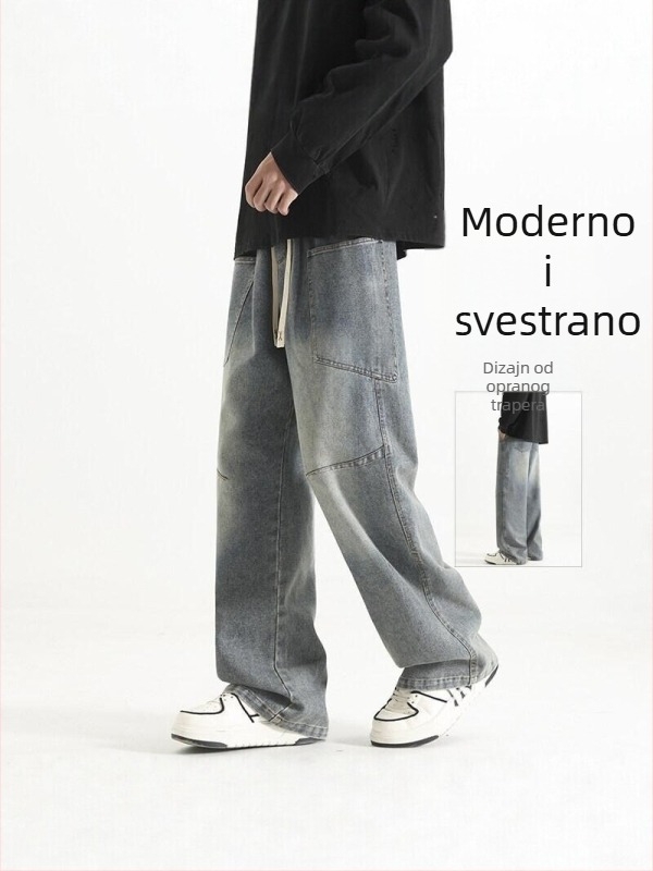 Muške traperice u američkom retro stilu, opuštenog ravnog kroja, ispranog denima, gradske casual hlače