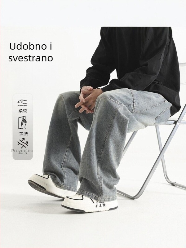 Muške traperice u američkom retro stilu, opuštenog ravnog kroja, ispranog denima, gradske casual hlače