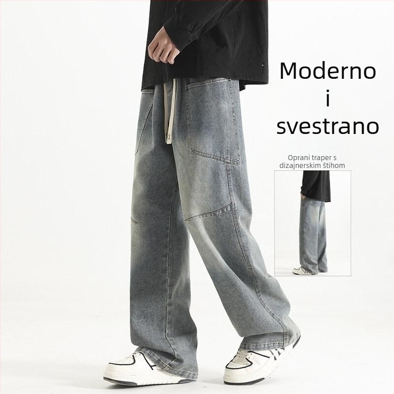 Muške traperice u američkom retro stilu, opuštenog ravnog kroja, ispranog denima, gradske casual hlače
