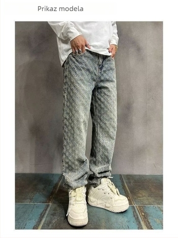 Muške traperice u američkom stilu – all-over jacquard print, straight kroj, urbana moda