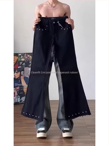 Cleanfit crne traperice s mikro krojem i ukrasnim nýtima, za muškarce, američki retro stil, crne isprane