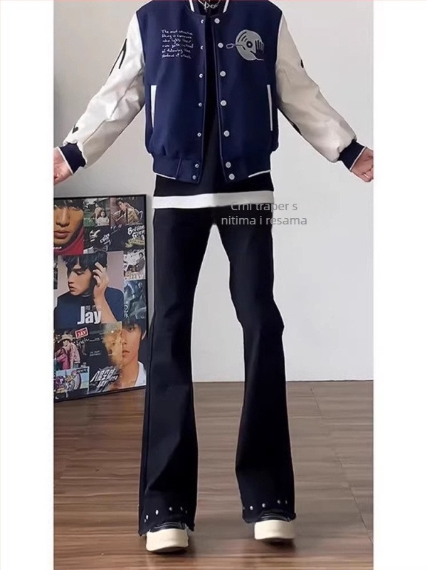 Cleanfit crne traperice s mikro krojem i ukrasnim nýtima, za muškarce, američki retro stil, crne isprane