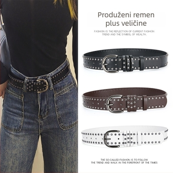 Crni ženski kaiš veličine XXL s rivetima, za traperice, punk stil, vrhunski izgled, svestran, produžena duljina