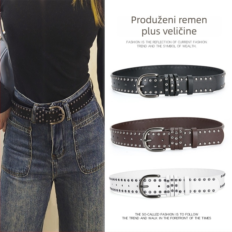 Crni ženski kaiš veličine XXL s rivetima, za traperice, punk stil, vrhunski izgled, svestran, produžena duljina
