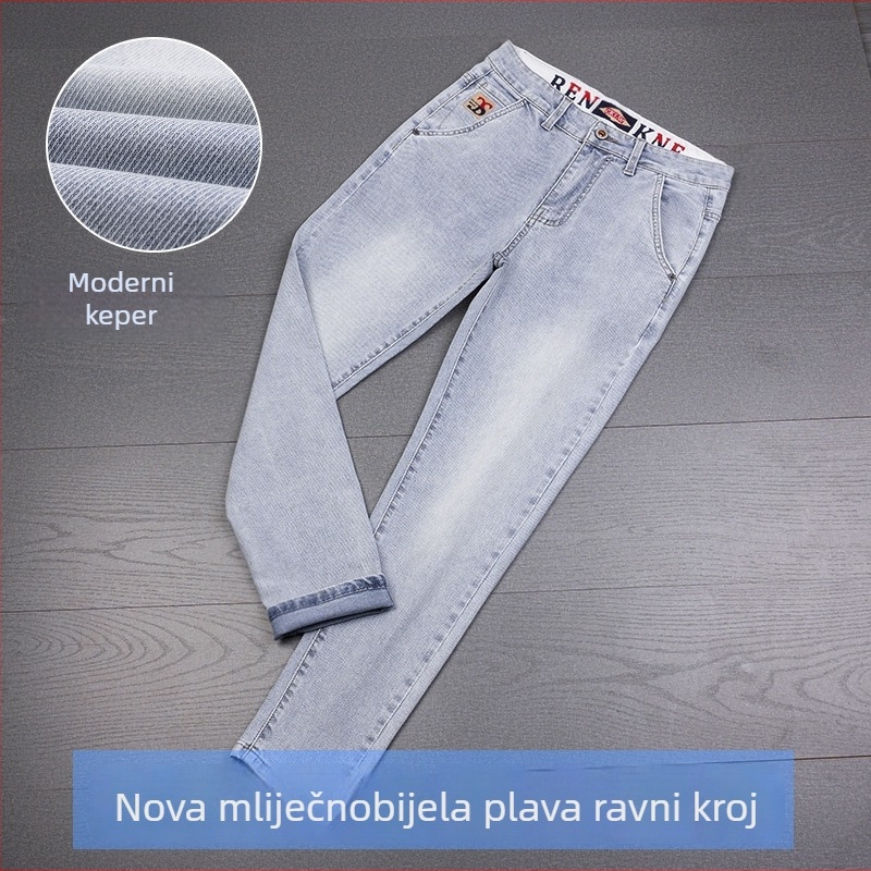 Muške traperice s izvezom, ravni kroj, pamukasti denim s elastanom, casual