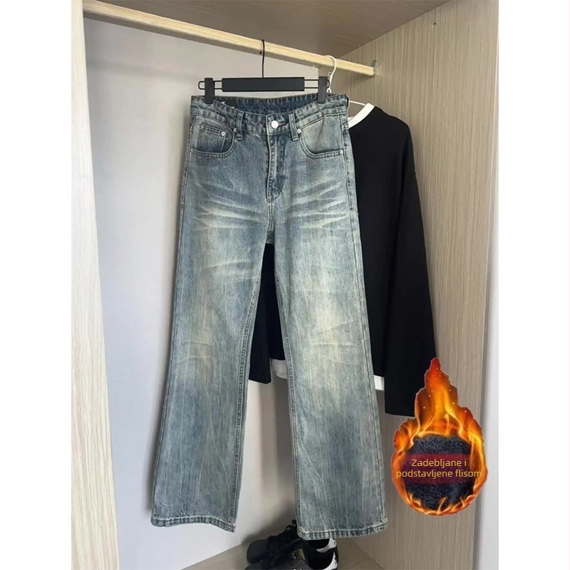 Muške traperice od denima s pranjem vintage, ravni kroj s mikro flareom, fleece podstava