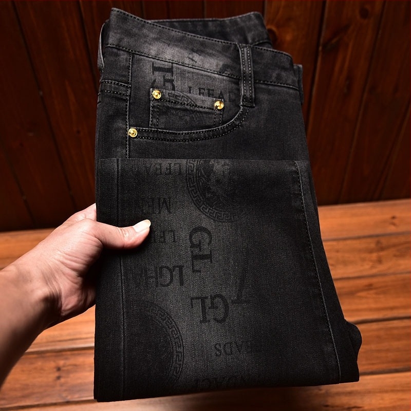 Muške traperice u korejskom stilu, slim-fit, rastezljive, crni otisak, srednji struk