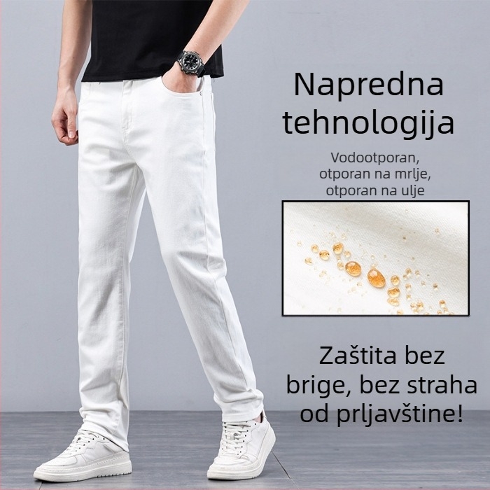 Premium muške traperice s vodootpornim i otporom na mrlje, rastezljive, uski kroj, casual duge hlače bijele boje, 2024 novi model